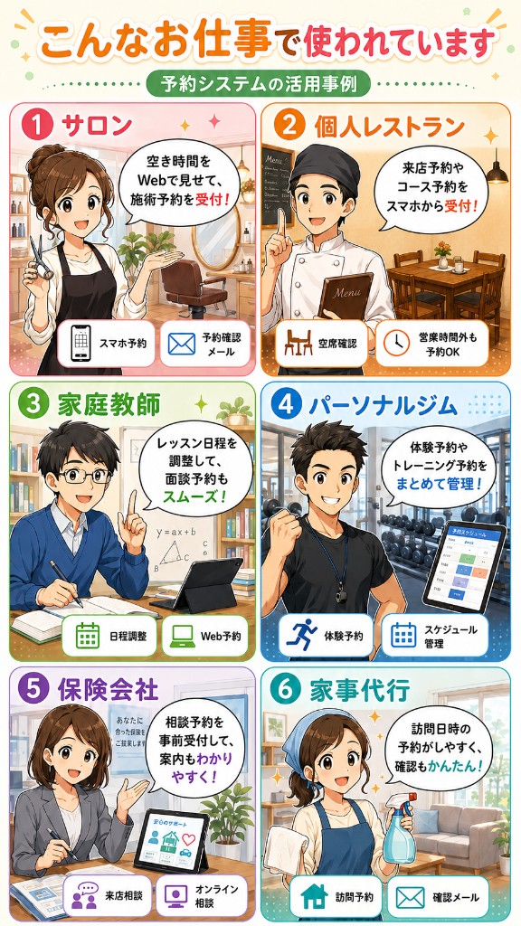サロン・個人レストラン・家庭教師・パーソナルジム・保険相談・家事代行など、時間枠で予約を受ける業種での悠々予約の活用事例を描いた6コマの漫画イラスト