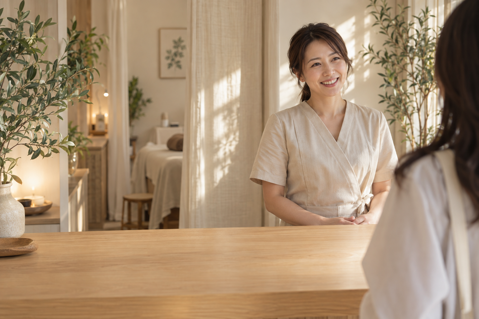 明るい小さなサロンでお客様を迎える店主のイメージ